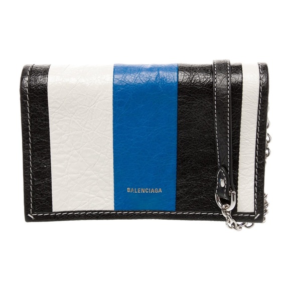 Balenciaga Lambskin Bazar Crossbody Black White Blue Wallet on Chain